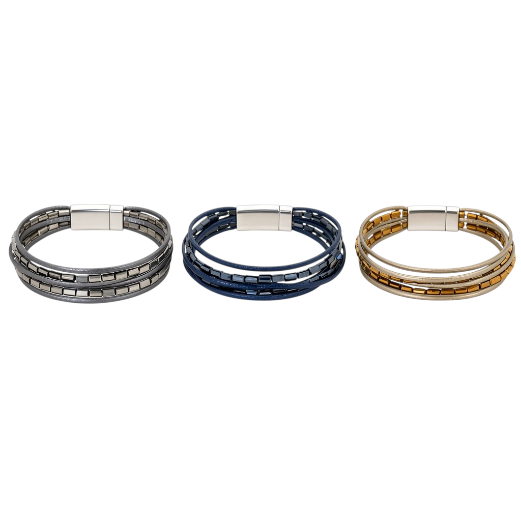 Pulseira Tami GRINE em pele sintética com cristais e fecho magnético, disponível em cinzento, azul e dourado.