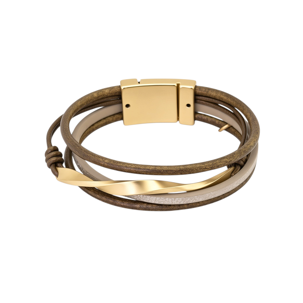 Pulseira GRINE Teide em pele castanha e bege com detalhe metálico dourado e fecho magnético hipoalergénico