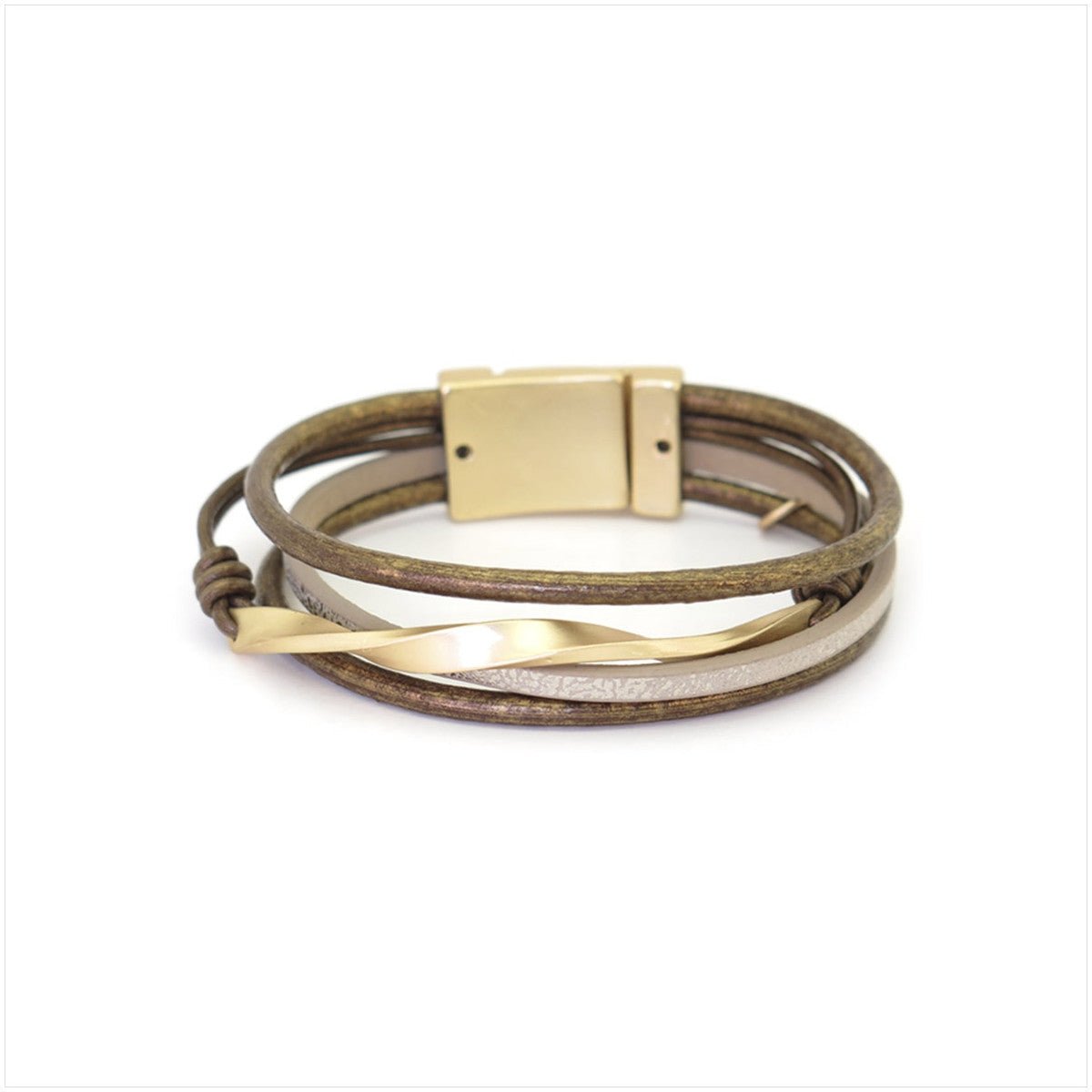 Pulseira Teide GRINE em pele castanha e liga de zinco dourada com fecho magnético elegante e design multicamadas.