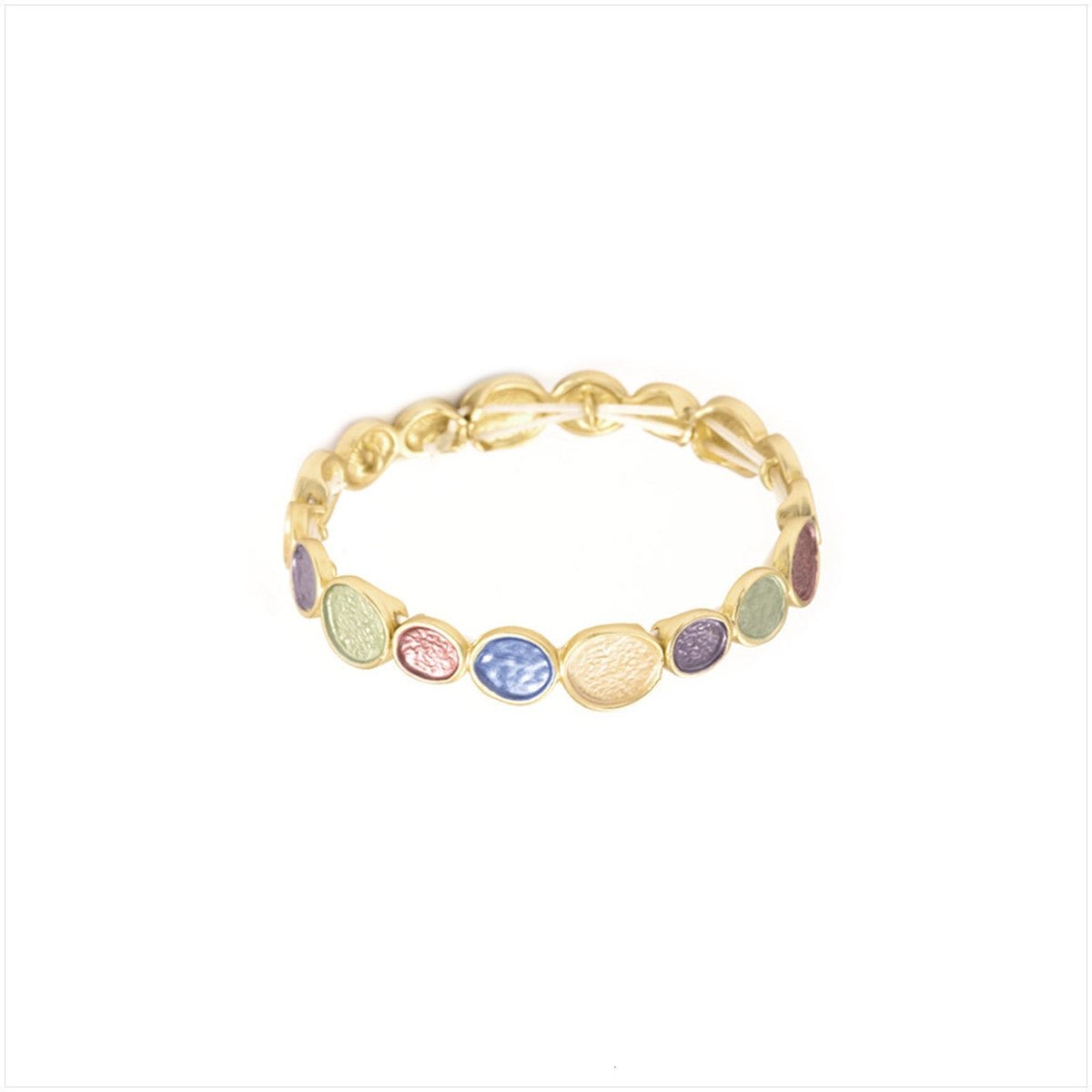 Pulseira Vinyet GRINE elástica em liga de zinco com detalhes circulares em tons vibrantes e acabamento dourado