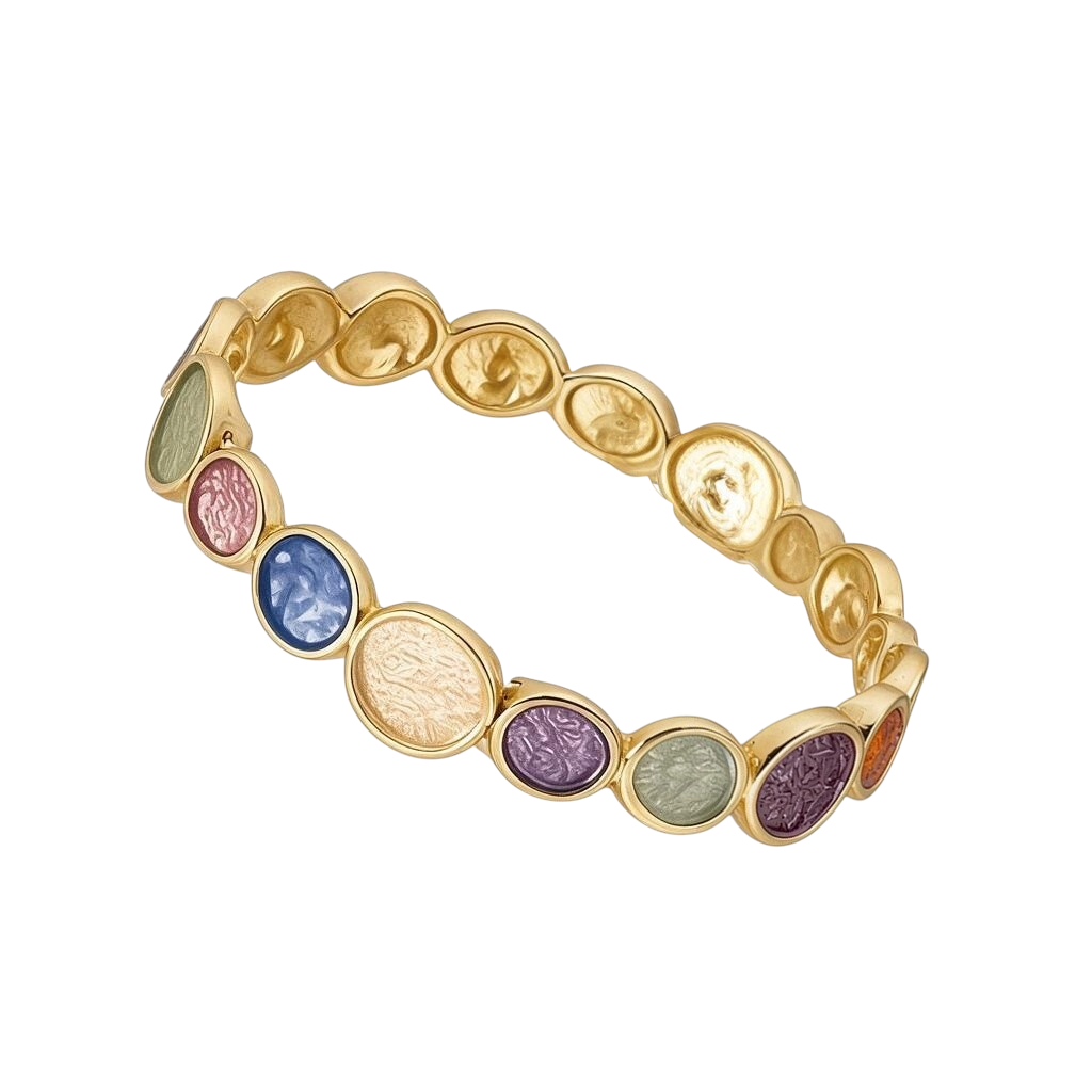 Pulseira Vinyet da GRINE em liga de zinco dourada com detalhes circulares em tons vibrantes e acabamento elástico.