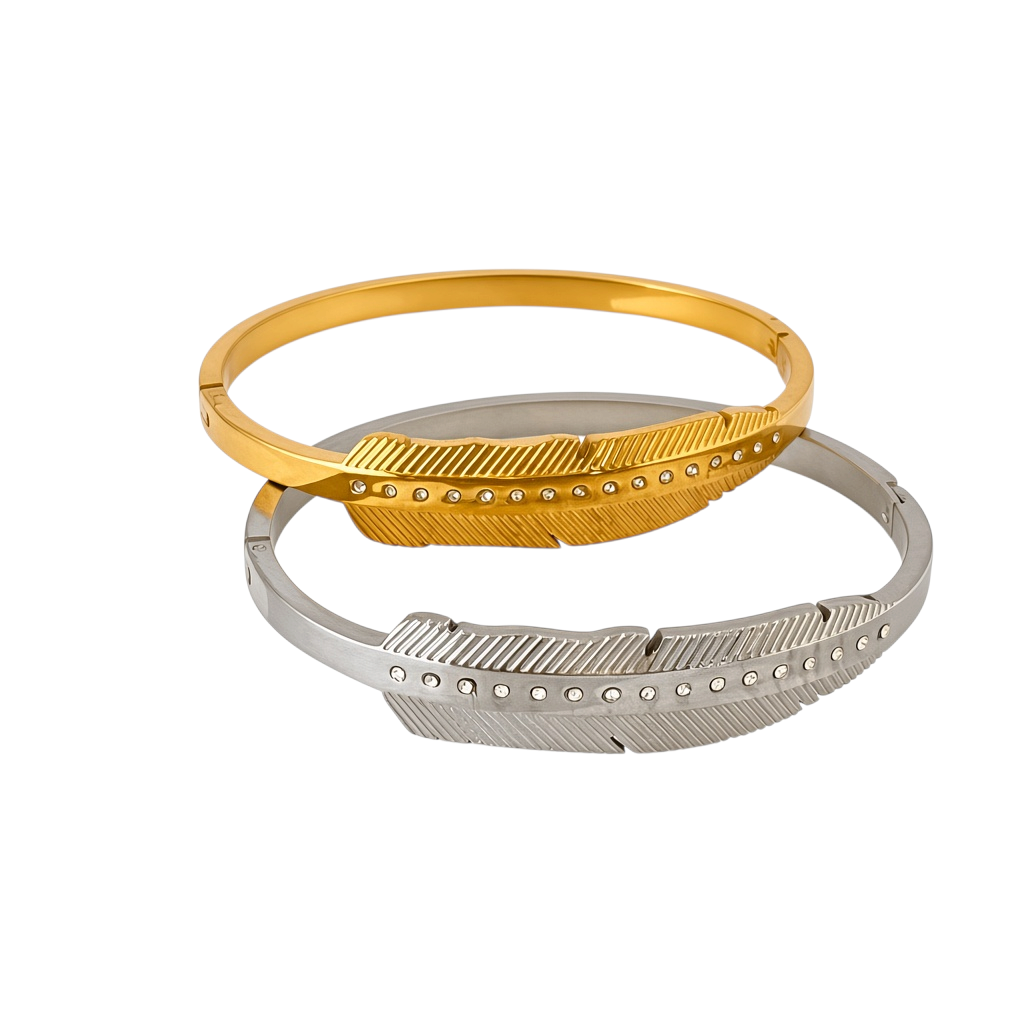 Pulseiras GRINE modelo Leaf em aço inoxidável dourado e prateado com detalhes de strass em formato de folha