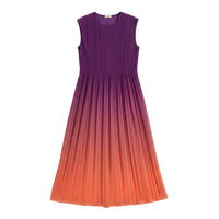 GRINE purple to orange ombre pleated maxi dress, sleeveless with a flowy silhouette.