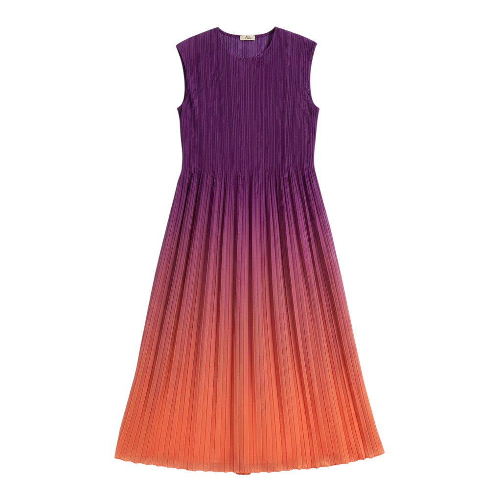GRINE purple to orange ombre pleated maxi dress, sleeveless with a flowy silhouette.
