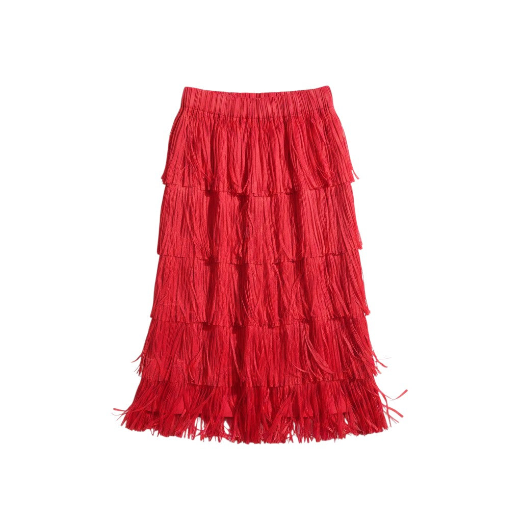 GRINE red midi skirt with tiered fringe detail and elastic waistband, made from cotton and polyester blend.