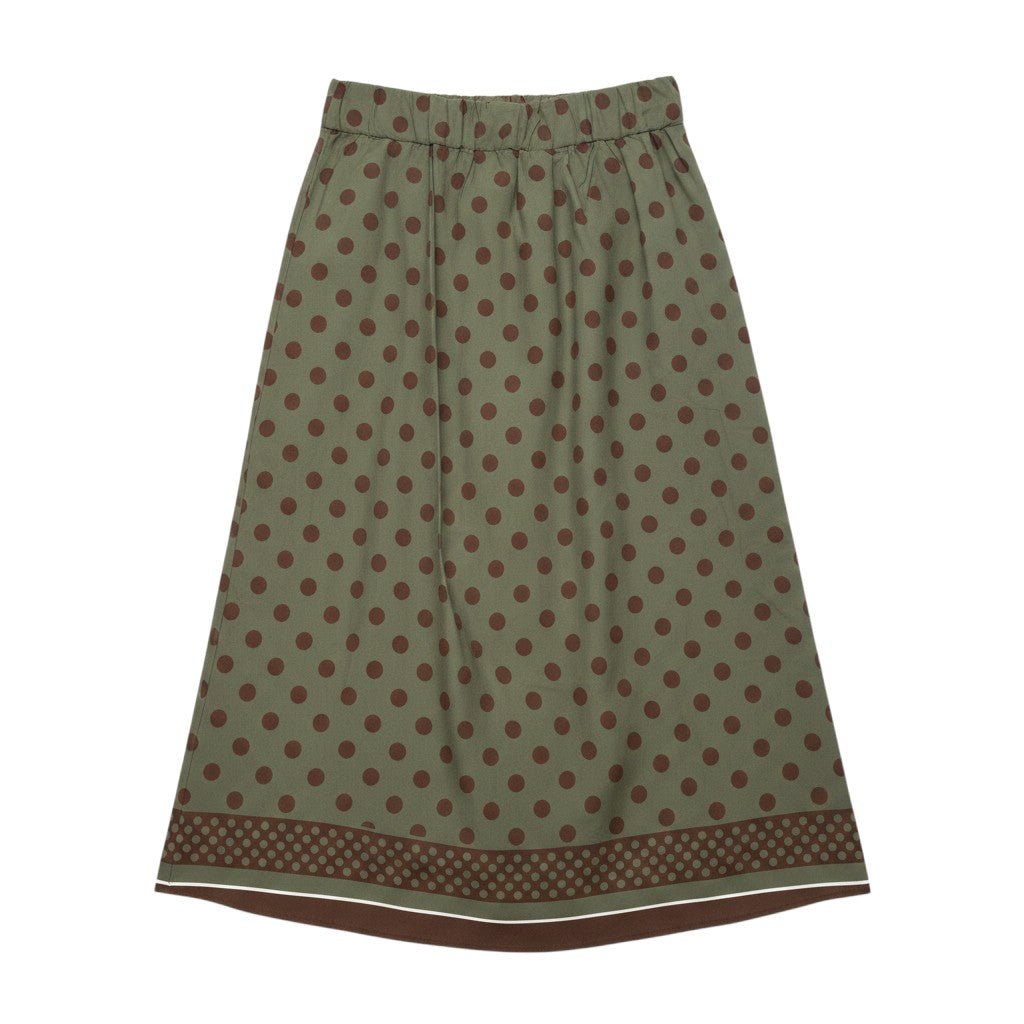 Saia comprida GRINE em algodão verde militar com estampado de bolas castanhas, cintura elástica e bolsos laterais.