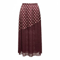 Saia comprida GRINE bordeaux com padrão de bolas e detalhe em renda na bainha, cintura elástica em viscose e nylon.