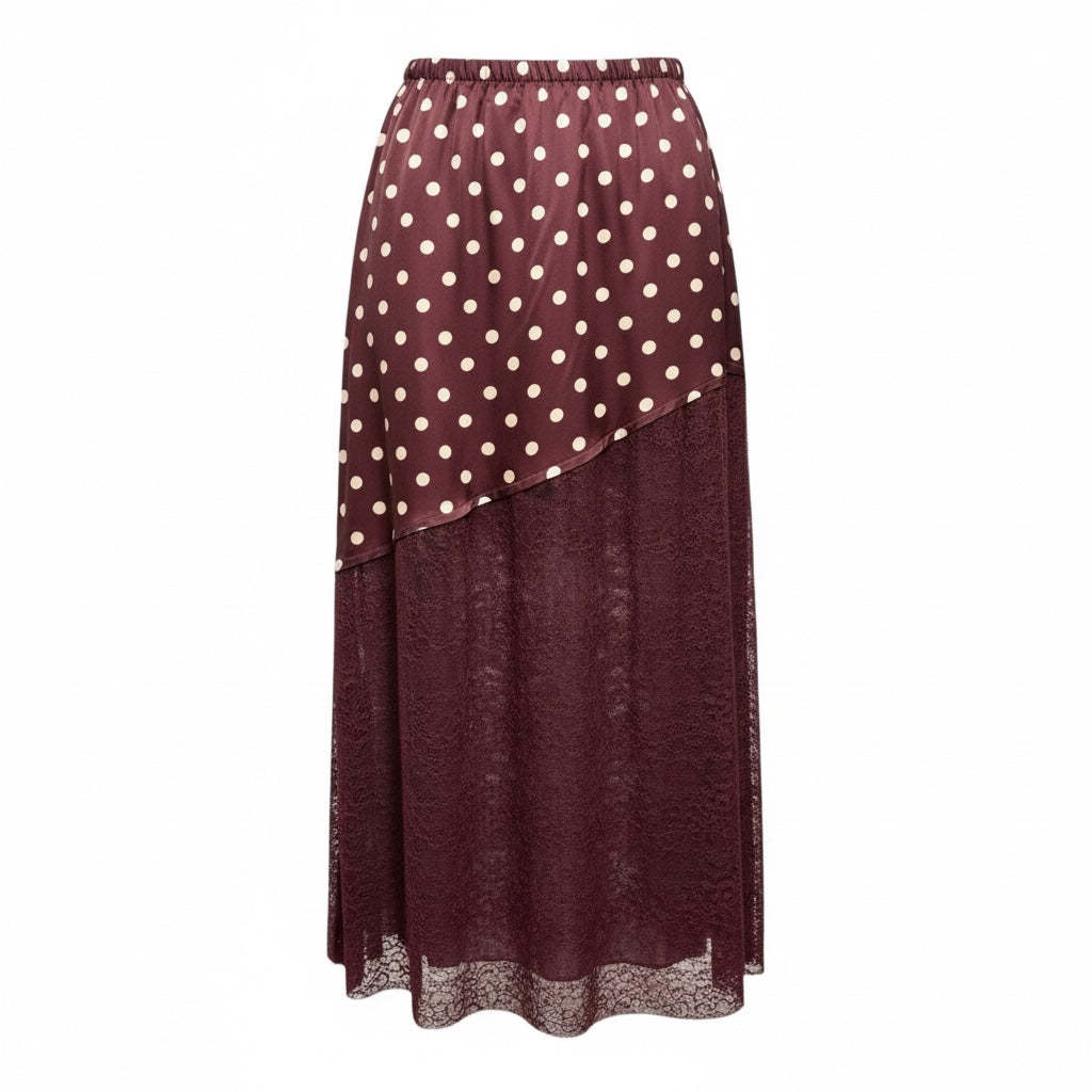 Saia comprida GRINE bordeaux com padrão de bolas e detalhe em renda na bainha, cintura elástica em viscose e nylon.
