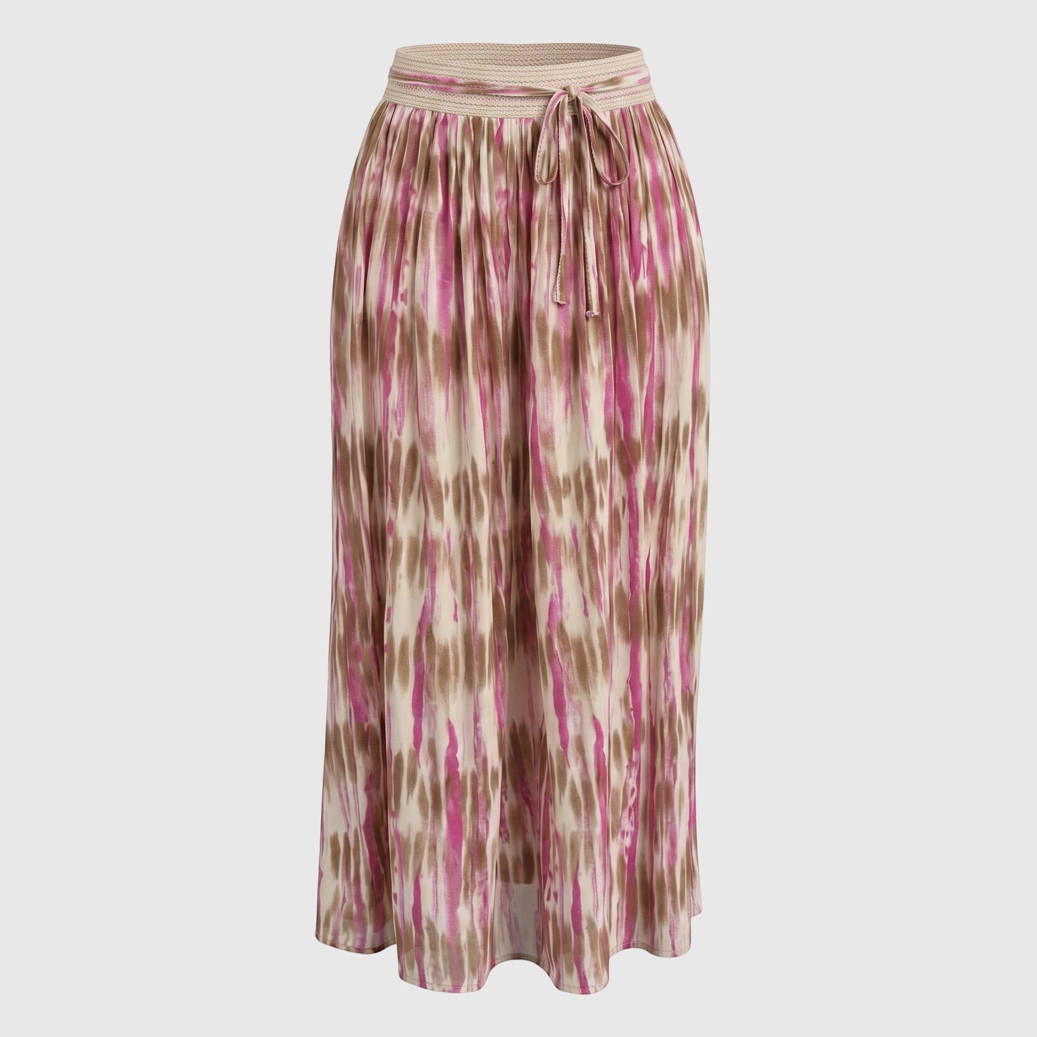 Saia comprida GRINE em algodão com padrão tie dye em tons de rosa e bege, cintura elástica com cordão ajustável.