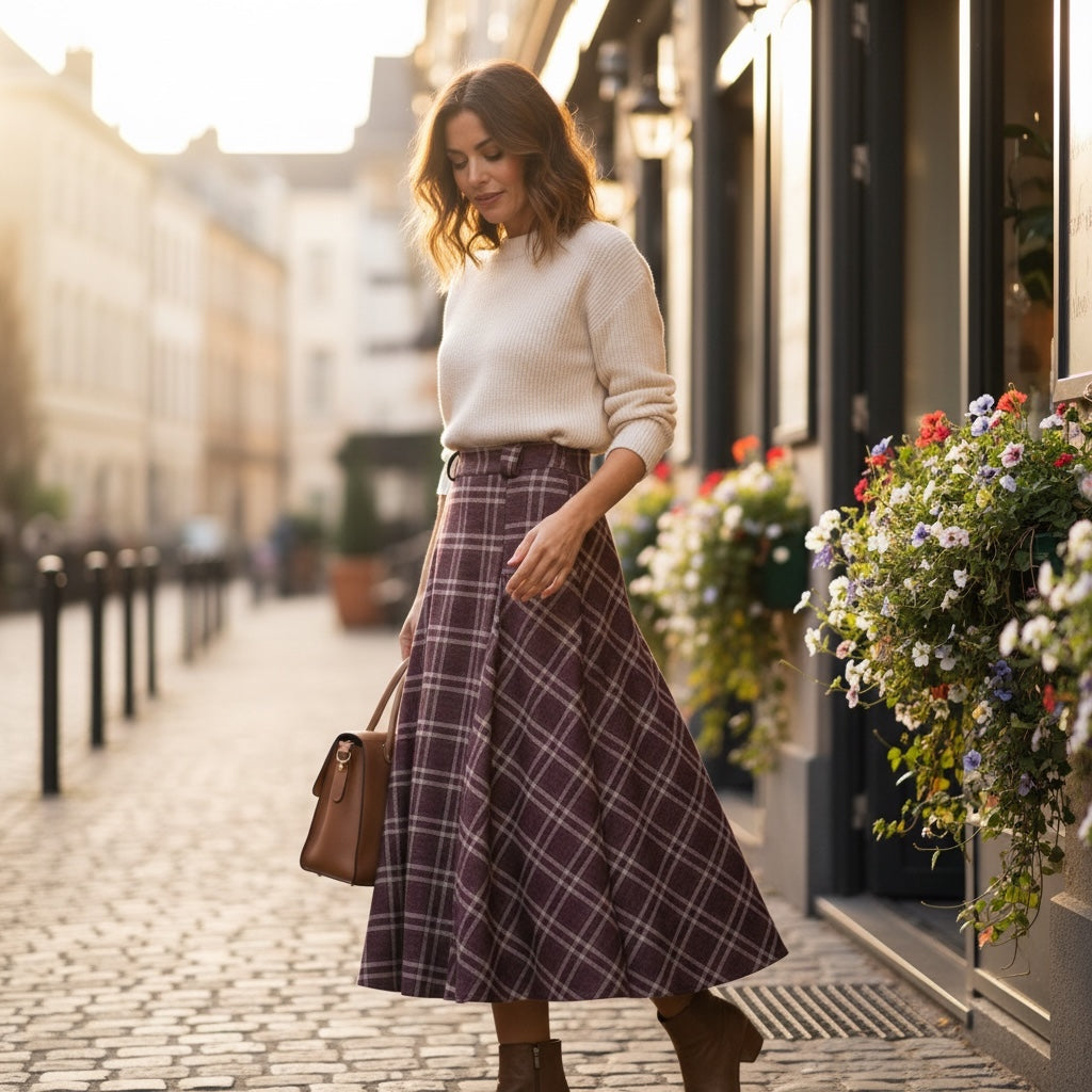 Mulher a usar saia comprida GRINE com padrão xadrez bordeaux, cintura subida e corte fluido numa rua urbana.