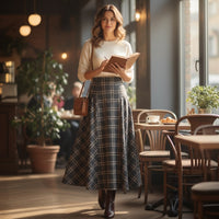 Mulher num café a usar saia comprida GRINE com padrão xadrez, corte fluido e cintura subida elástica.
