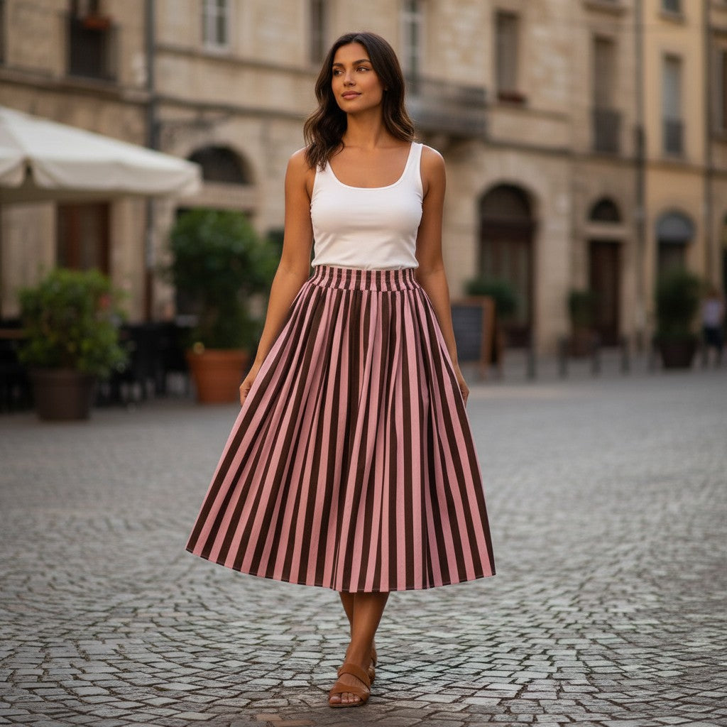 GRINE Saia midi de algodão às riscas rosa e castanho com elástico na cintura e dois bolsos.