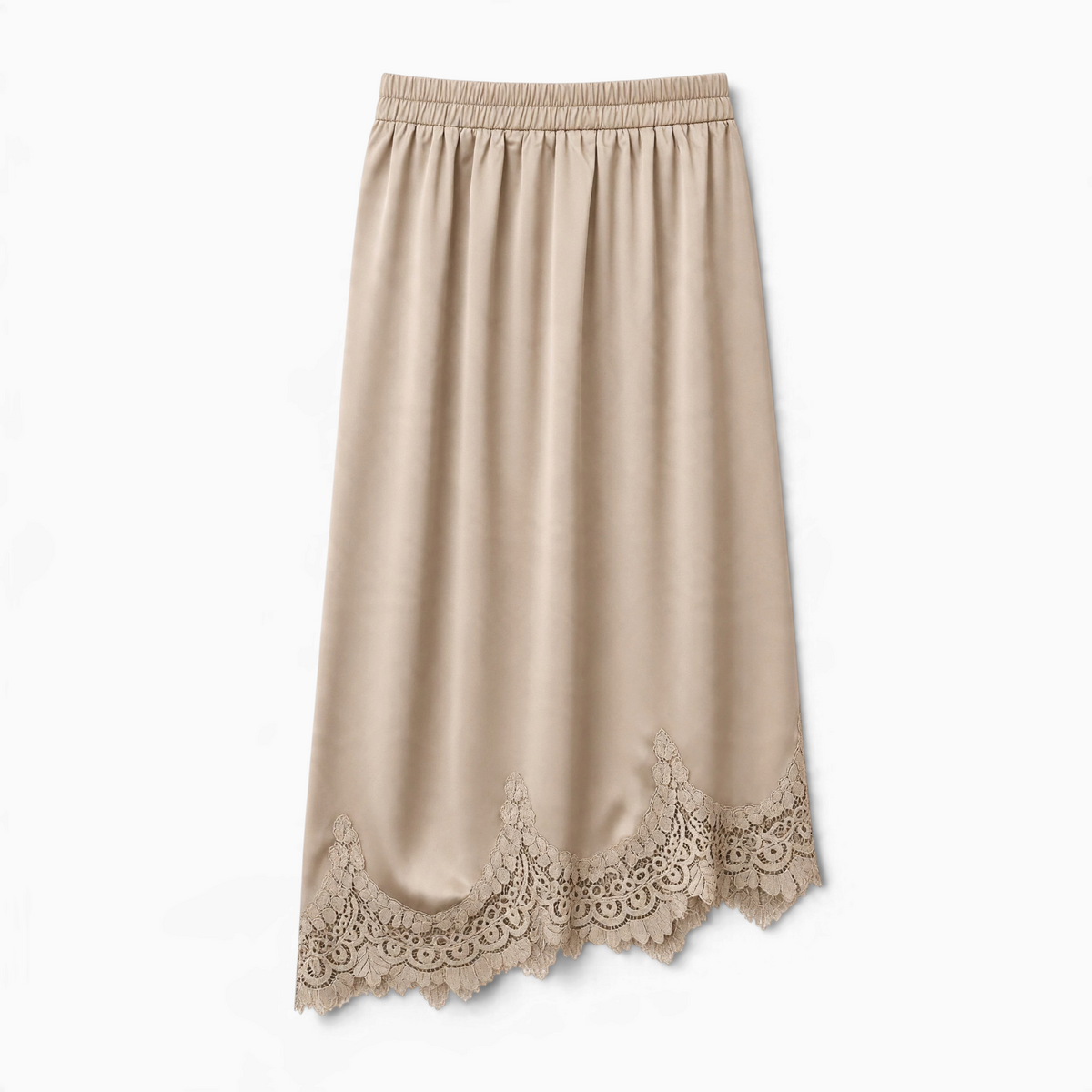 Saia midi GRINE em tom camel com detalhes em renda na bainha e cintura elástica em poliéster