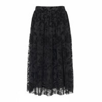 Saia midi GRINE preta em tule forrado com padrão floral em relevo de veludo e cintura elástica