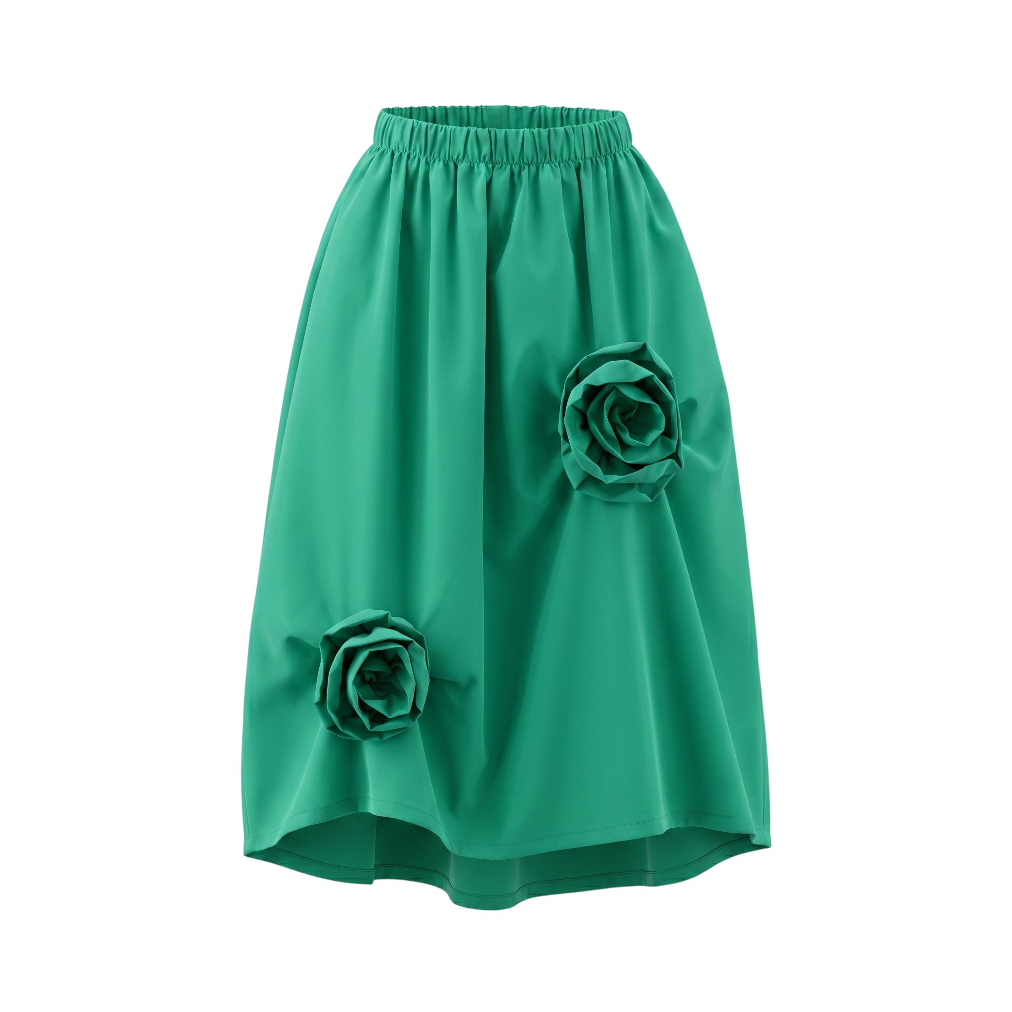 Saia midi GRINE verde esmeralda em tecido técnico estruturado com apliques de flores 3D e cintura elástica.