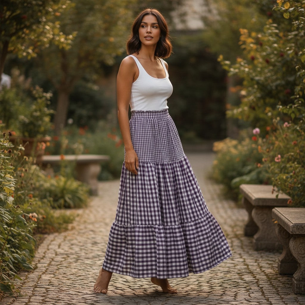 GRINE Saia Midi Vichy Breeze roxa e branca com padrão xadrez, cintura elástica e folhos em camadas.