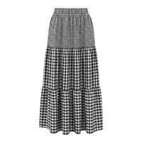 Saia midi GRINE com padrão vichy preto e branco, cintura elástica e folhos em camadas.