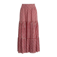 Saia midi GRINE vermelha e branca com padrão vichy, cintura elástica e folhos em camadas.