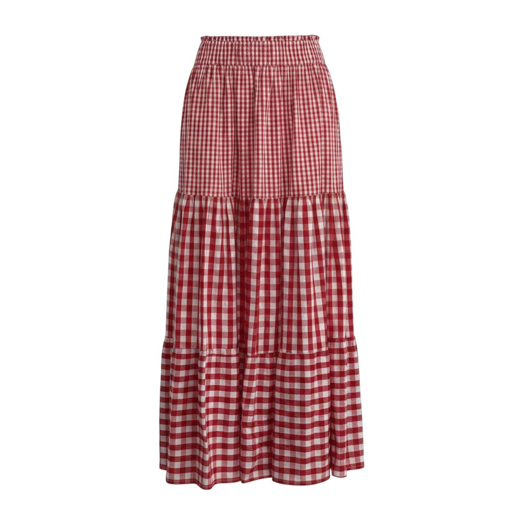Saia midi GRINE vermelha e branca com padrão vichy, cintura elástica e folhos em camadas.