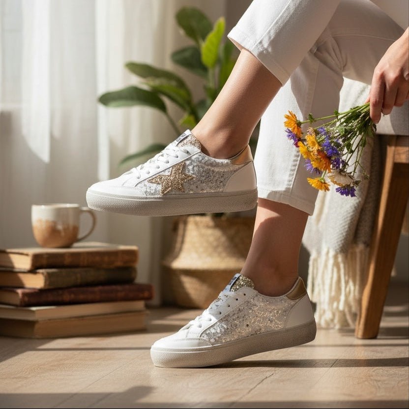 Sapatilhas GRINE Aura brancas com detalhes em glitter e estrela lateral, usadas por modelo com flores