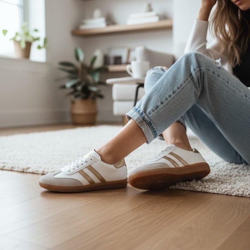 Sapatilhas GRINE Estela em tons de branco e dourado com sola de borracha, usadas por mulher com jeans num ambiente.