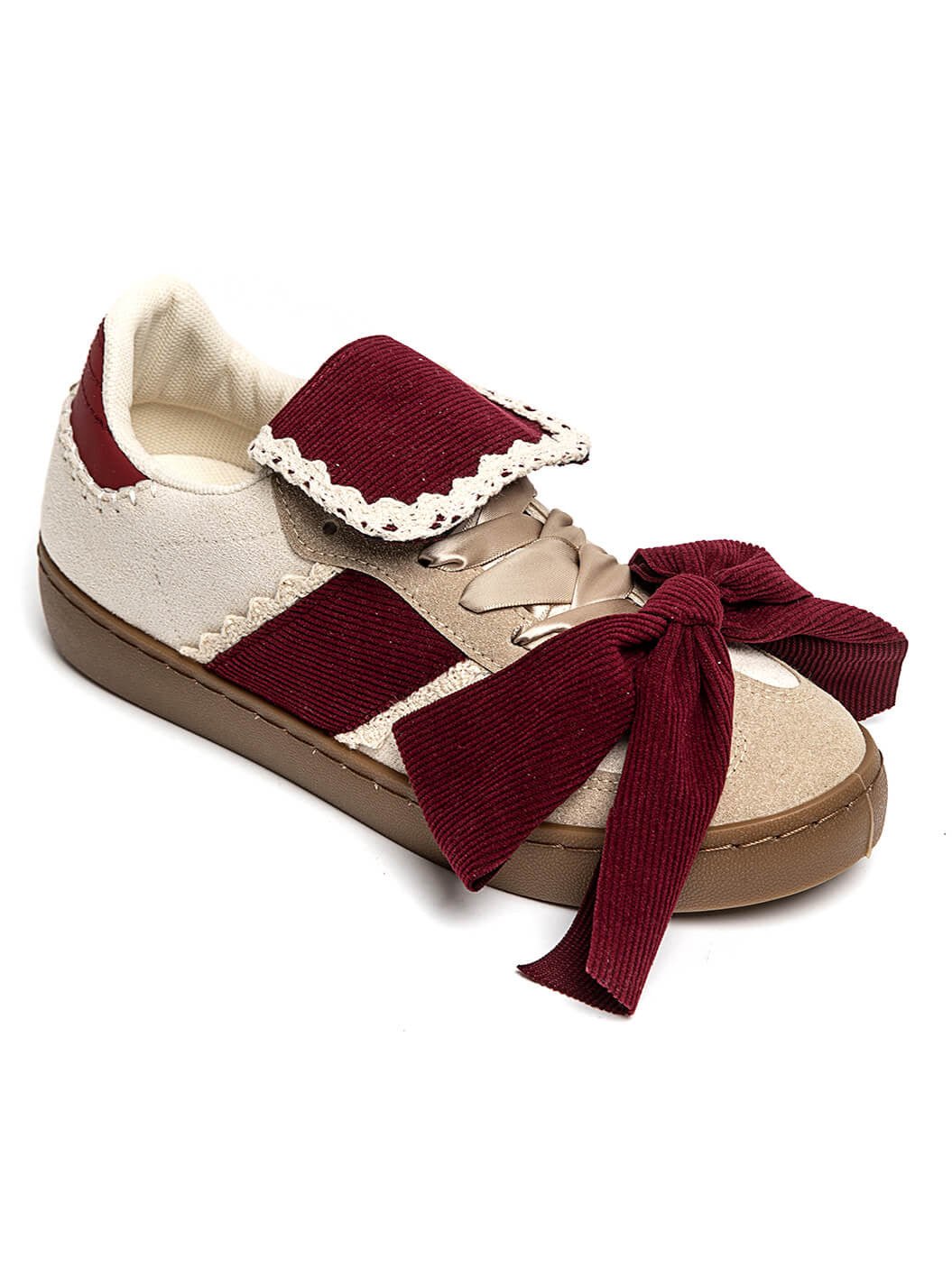 Sapatilhas GRINE Laces Bordeaux em tons de bordeaux e bege com laço decorativo e acabamento em veludo cotelê