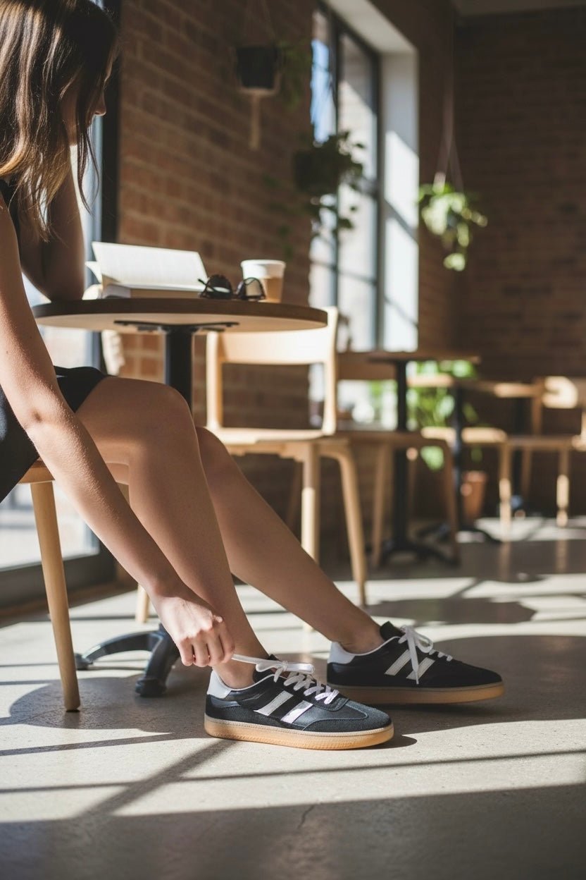 Mulher sentada num café a ajustar as sapatilhas pretas Luzia da GRINE com sola de borracha e atacadores brancos