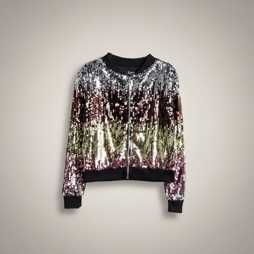 GRINE bomber jacket with all-over sequins in silver, gold, and pink. Features a black collar, cuffs, and hem. 100% polyester.