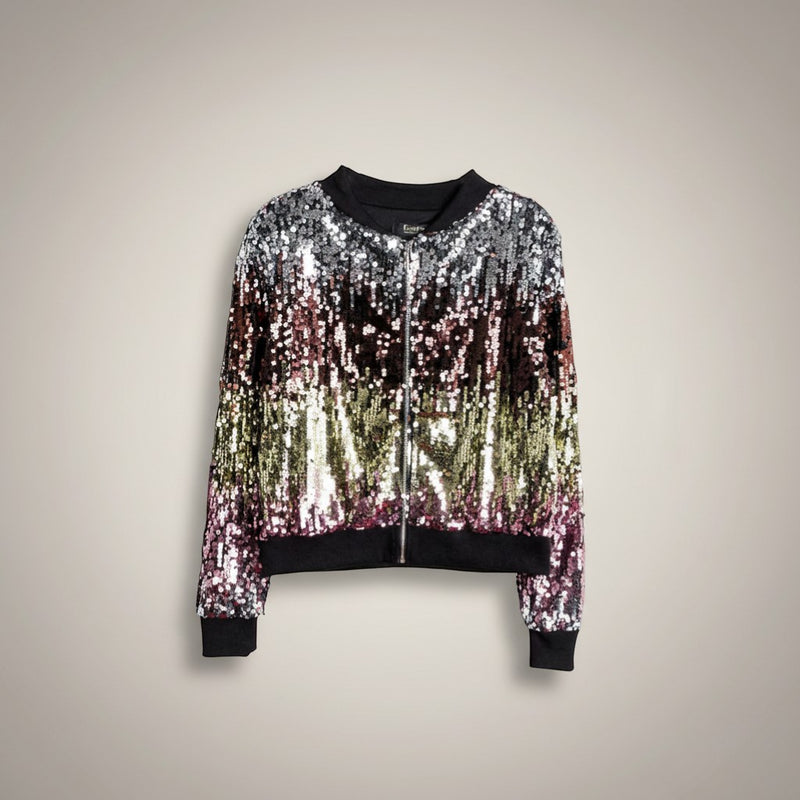 GRINE bomber jacket with all-over sequins in silver, gold, and pink. Features a black collar, cuffs, and hem. 100% polyester.