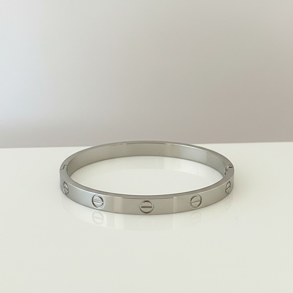 GRINE silver stainless steel bangle bracelet with screw details and easy open clasp. Industrial modern style.