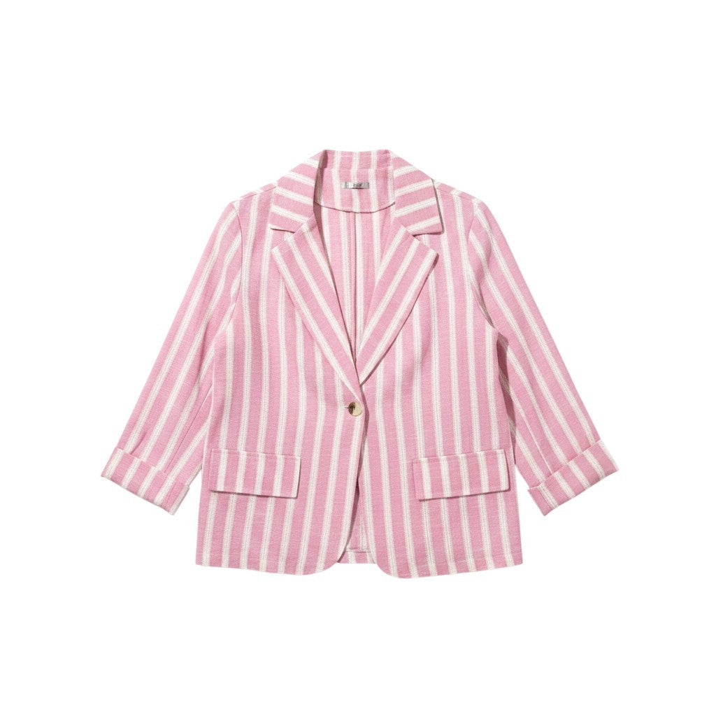 GRINE light cotton striped blazer in blue, pink, yellow, beige, and grey. Unlined with subtle gold details and faux pockets.