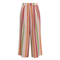 GRINE wide-leg cotton trousers with colourful vertical stripes in pink, orange, and green. Elasticated back waistband and side pockets.