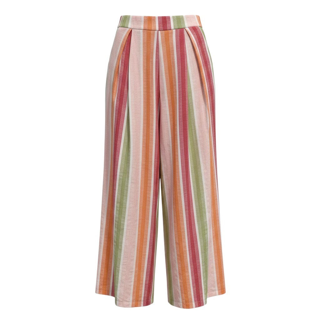 GRINE wide-leg cotton trousers with colourful vertical stripes in pink, orange, and green. Elasticated back waistband and side pockets.