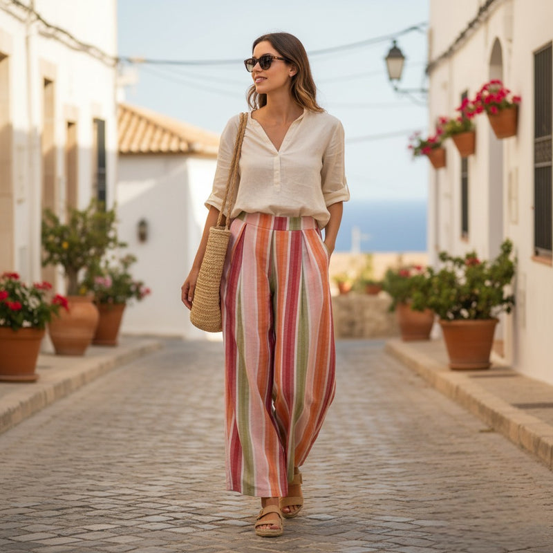 GRINE wide-leg cotton trousers with colourful vertical stripes in pink, orange, and green. Elasticated back waistband and side pockets.