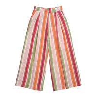 GRINE wide-leg cotton trousers with colourful vertical stripes in pink, orange, and green. Elasticated back waistband and side pockets.