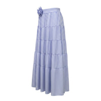 GRINE pink and blue striped tiered maxi skirts with decorative flower belt detail. Elasticated waist for comfortable fit.