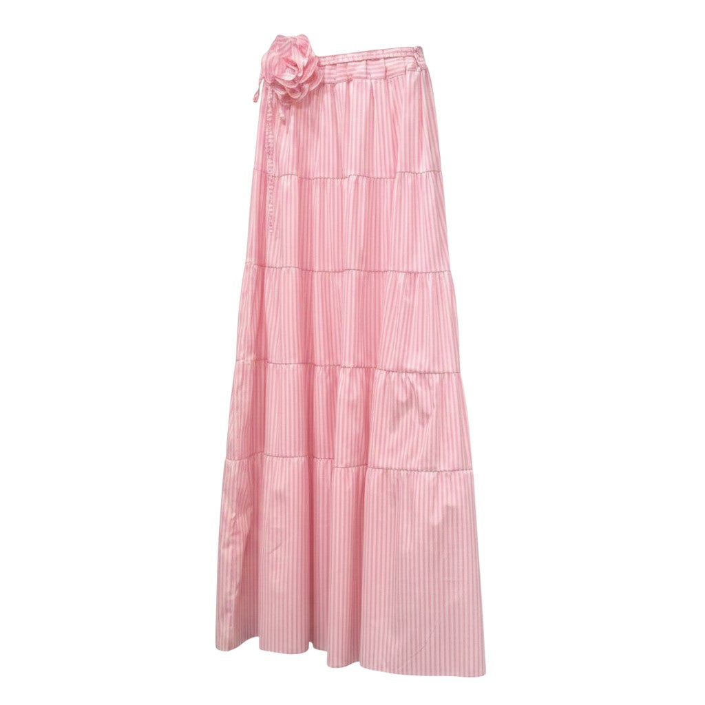 GRINE pink and blue striped tiered maxi skirts with decorative flower belt detail. Elasticated waist, flowing fabric.