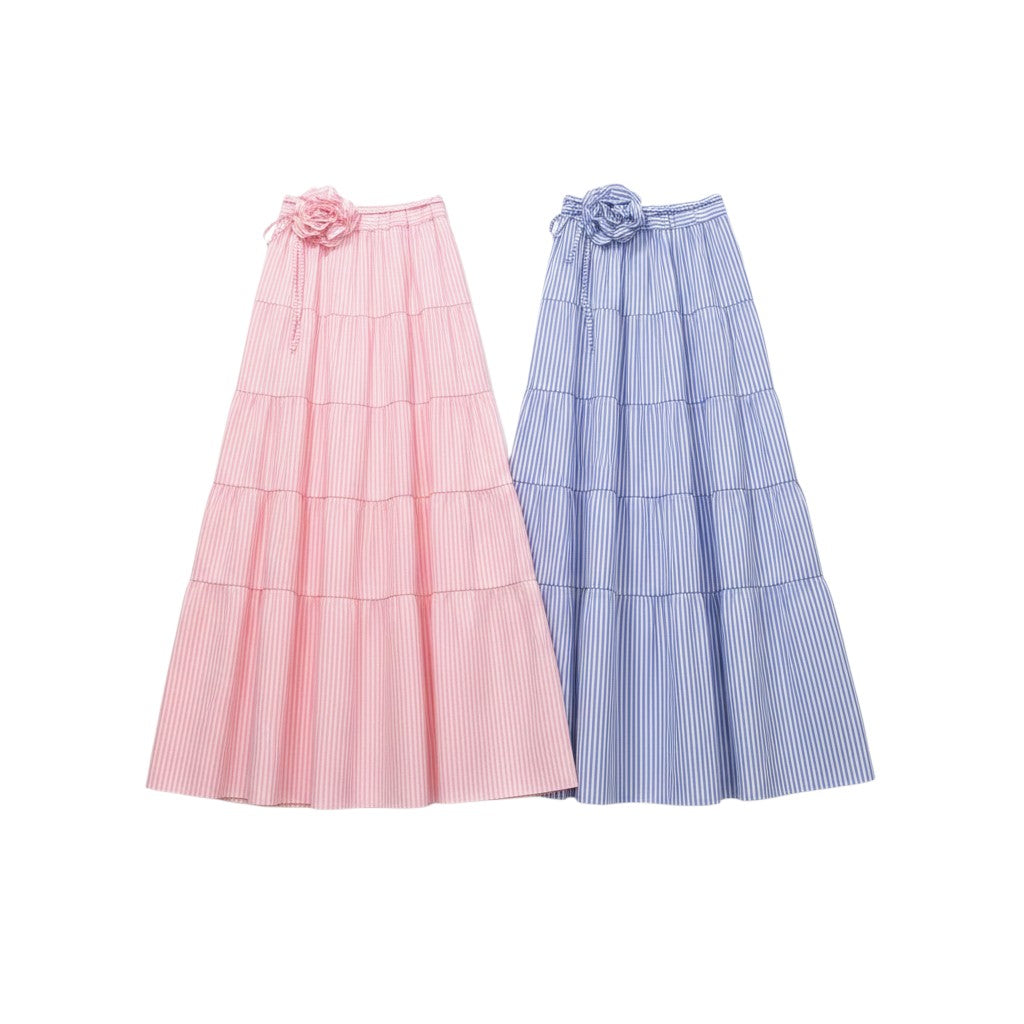 GRINE pink and blue striped tiered maxi skirts with decorative flower belt detail. Elasticated waist, summer style.