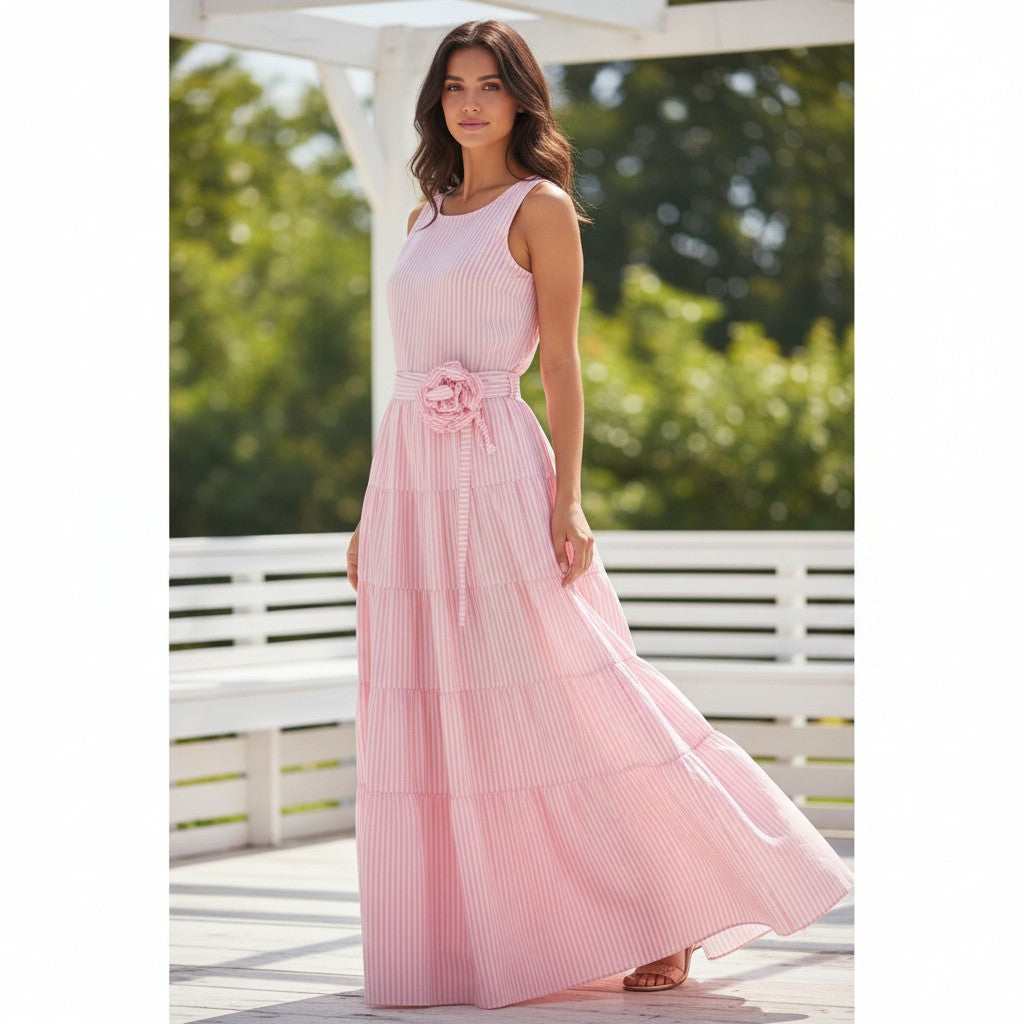 GRINE pink and blue striped tiered maxi skirts with decorative flower belts. Elasticated waist, flowing cut for summer elegance.