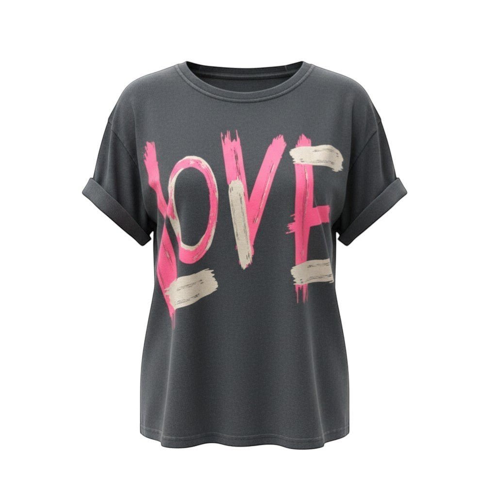 T-shirt GRINE cinzenta de algodão com estampado gráfico LOVE em tons rosa e bege, corte direito e manga curta