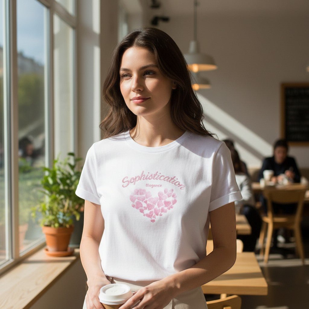 Modelo veste T-Shirt Branca GRINE de algodão com corações bordados e frase Sophistication Elegance em rosa
