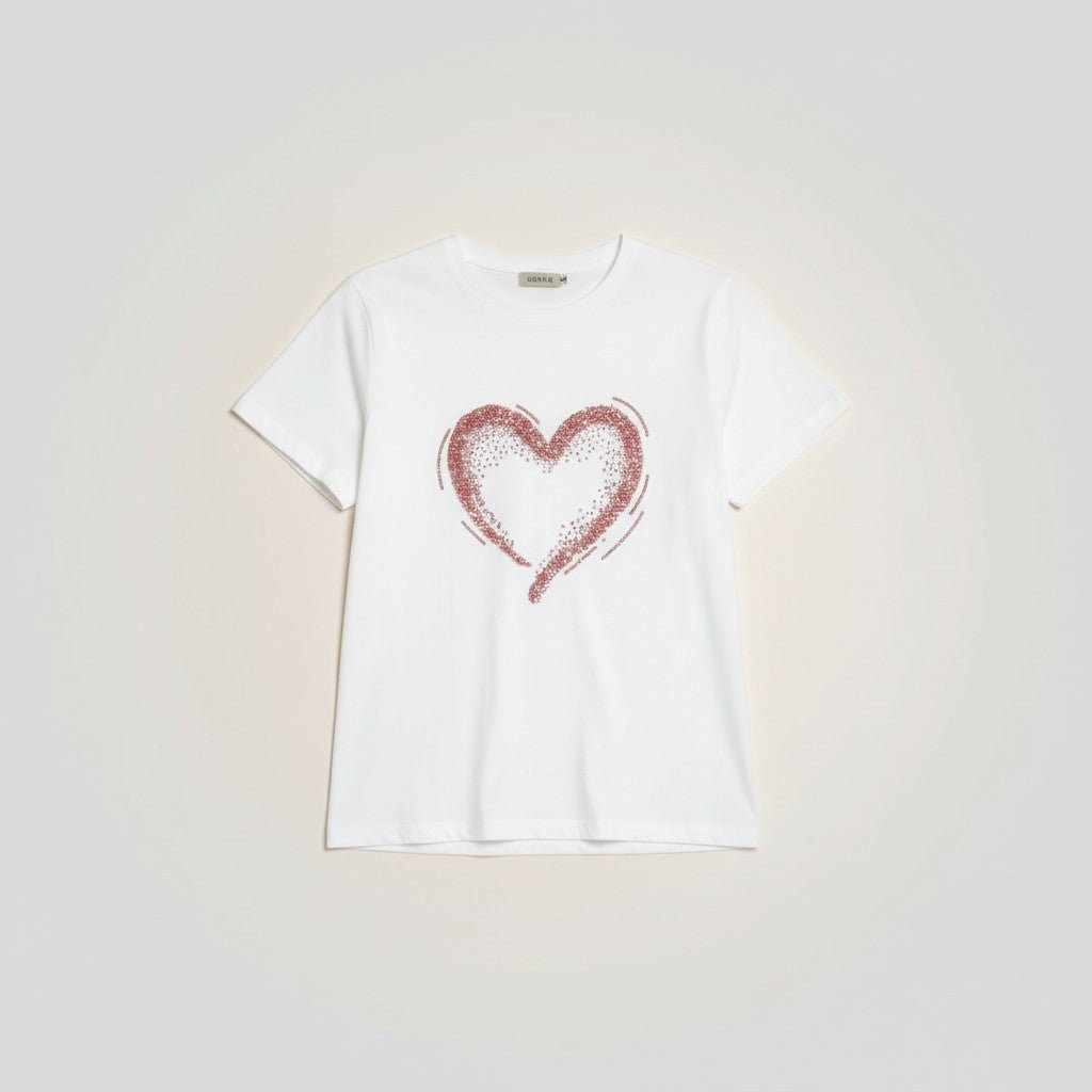 T-shirt branca de algodão GRINE com estampa de coração brilhante, manga curta e gola redonda