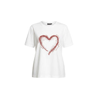 T-shirt branca de algodão GRINE com gola redonda, manga curta e estampado de coração brilhante na frente