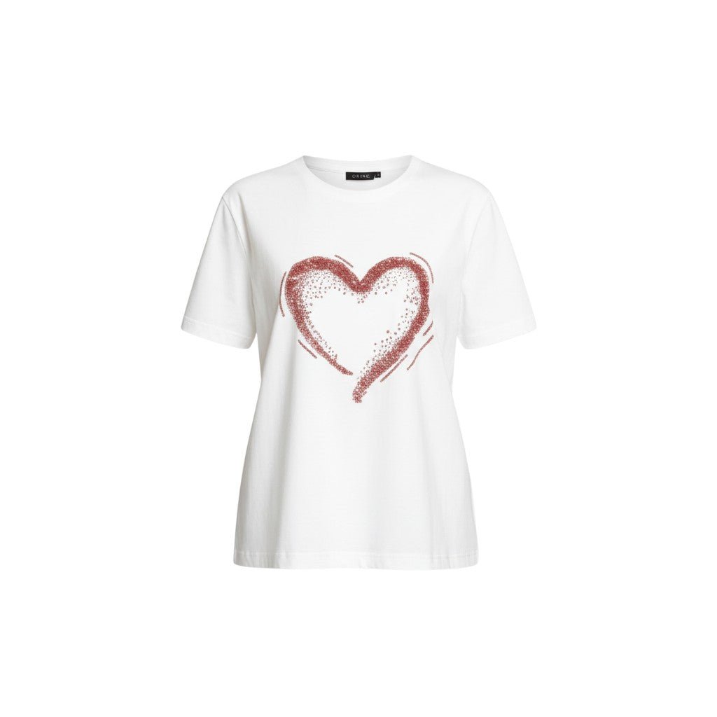 T-shirt branca de algodão GRINE com gola redonda, manga curta e estampado de coração brilhante na frente