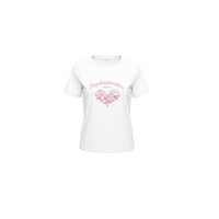T-shirt branca GRINE de algodão com gola redonda, corações bordados e frase Sophistication Elegance em rosa.
