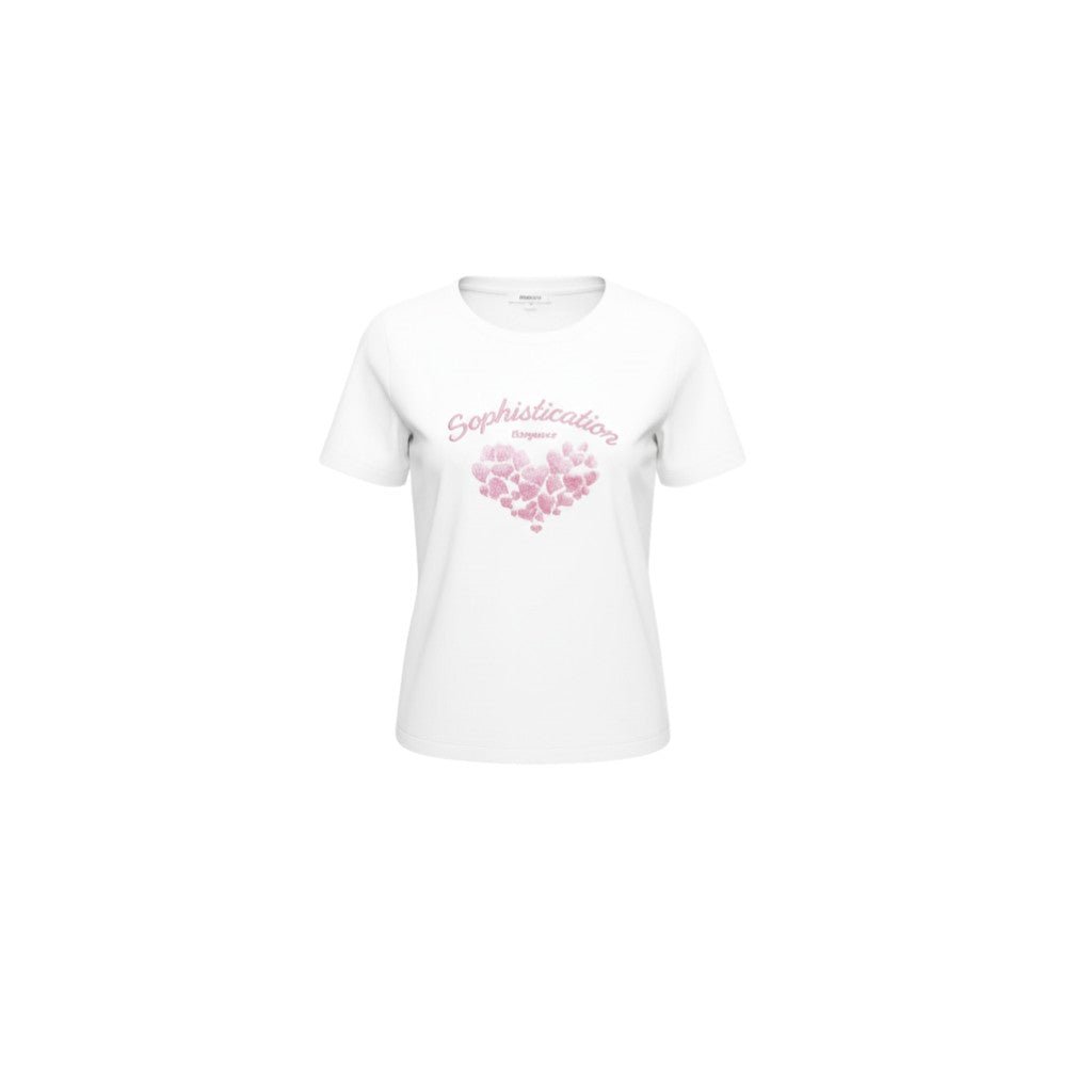 T-shirt branca GRINE de algodão com gola redonda, corações bordados e frase Sophistication Elegance em rosa.