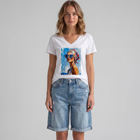 Modelo veste T-shirt branca GRINE com decote em V e estampa pop art colorida de figura feminina em algodão elástico.