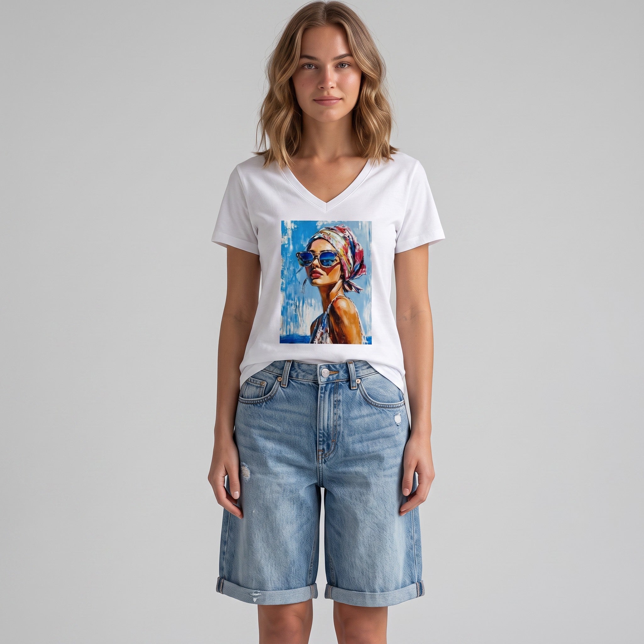 Modelo veste T-shirt branca GRINE com decote em V e estampa pop art colorida de figura feminina em algodão elástico.