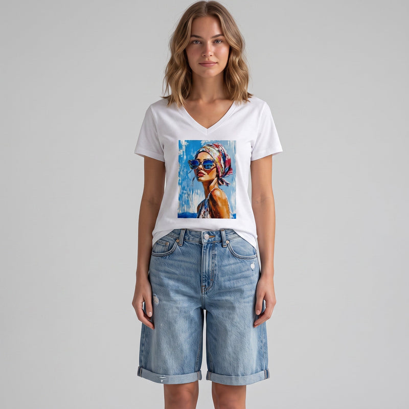 Modelo veste T-shirt branca GRINE com decote em V e estampa pop art colorida de figura feminina em algodão elástico.