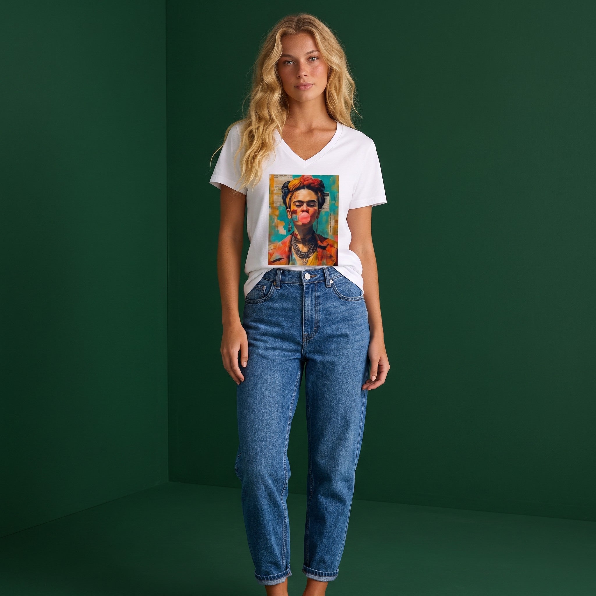 Modelo loira veste T-shirt branca GRINE com decote em V e estampa pop art de Frida Kahlo em fundo verde escuro.